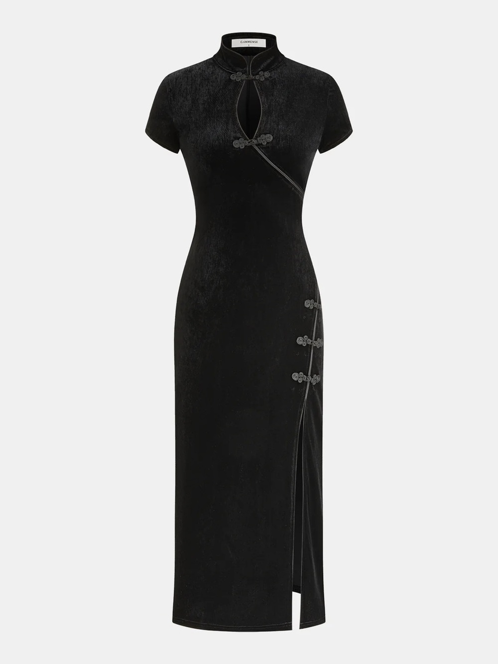 166 Mandarin Collar Velvet Frog-Closure Slit Dress